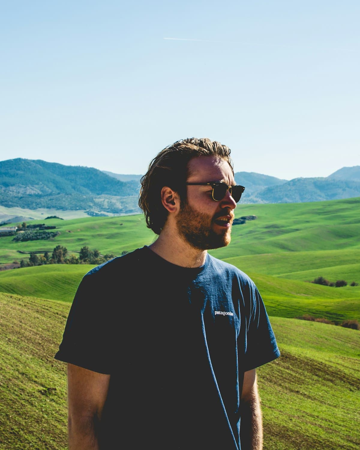 Hiker in a Patagonia tee with green hills behind