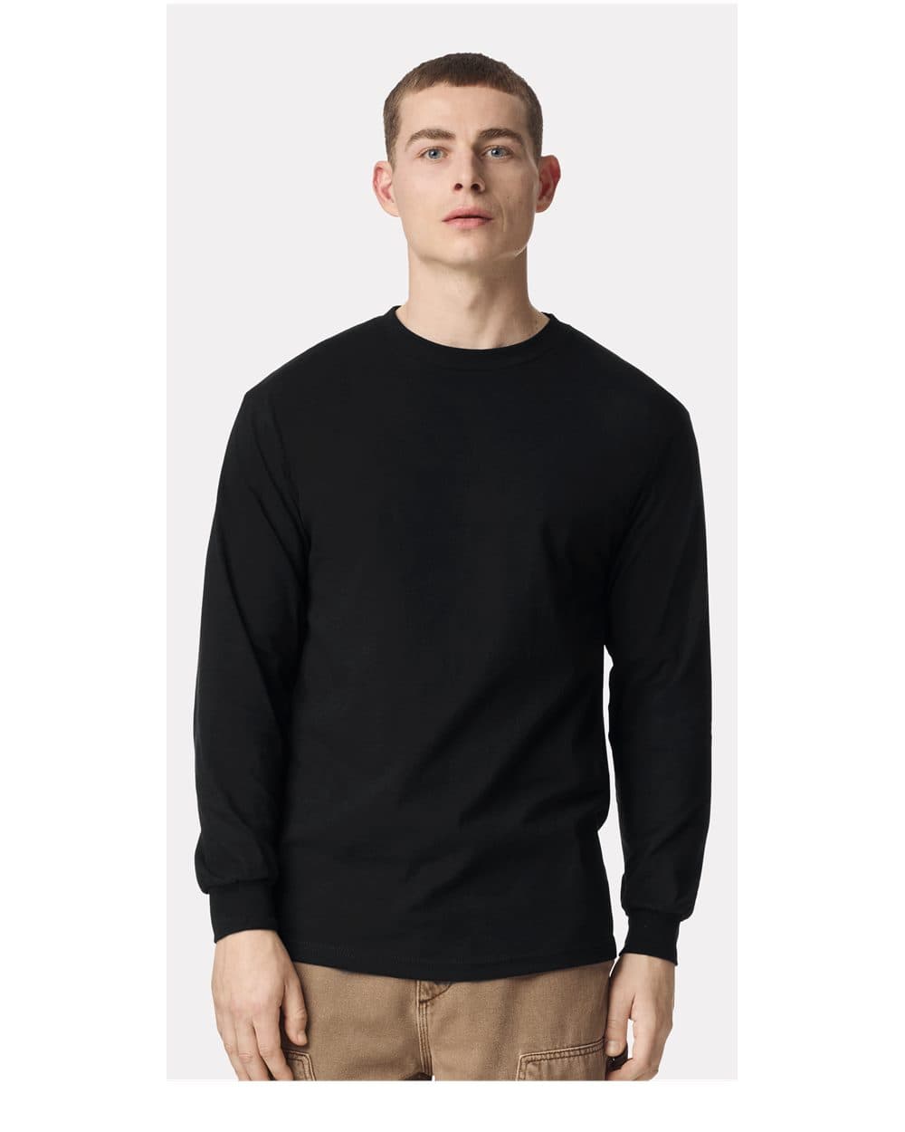 Black long-sleeve tee on a model